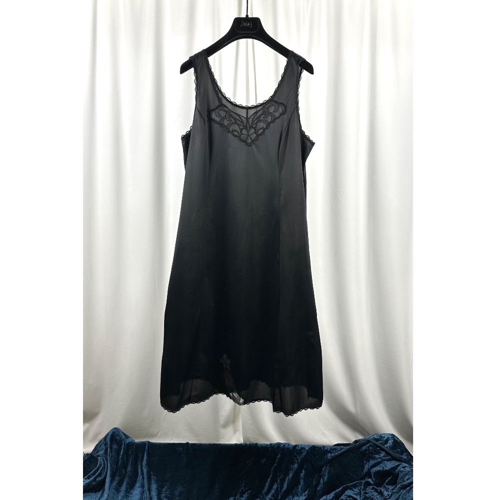Vintage Black Nylon Slip Dress Lace Trim Sheer Lingerie Size L